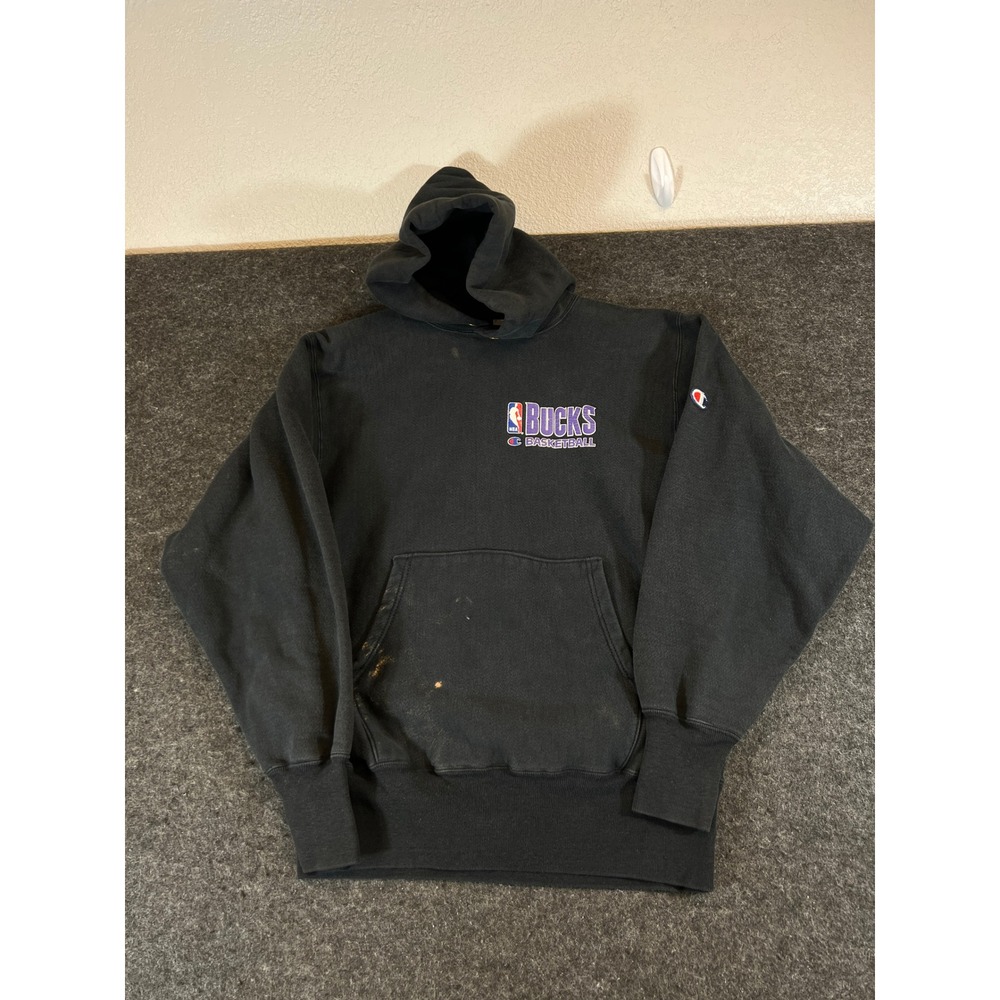 Vintage 90s Milwaukee Bucks Hoodie Black Mens Medium Champion Reverse Weave